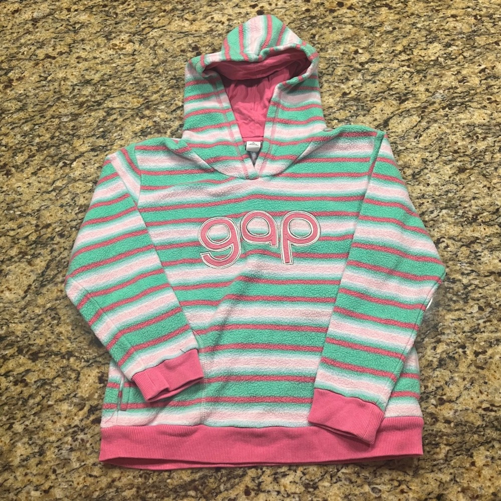 Gap Kids Girls Fleece Hoodie Pink Green Striped Logo Pullover Size L 10